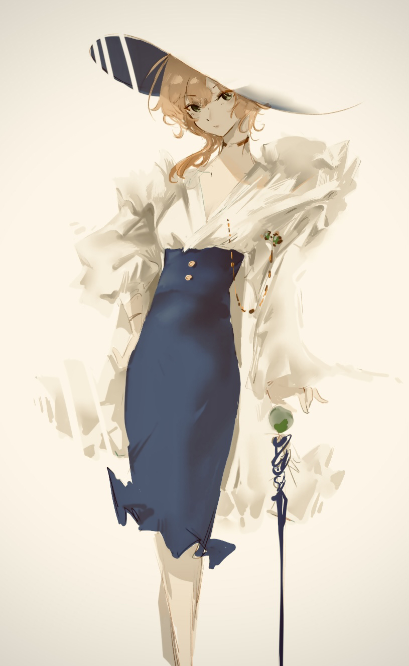 1girl, blending, blonde_hair, blue_skirt, brown_eyes, choker, closed_mouth, commentary