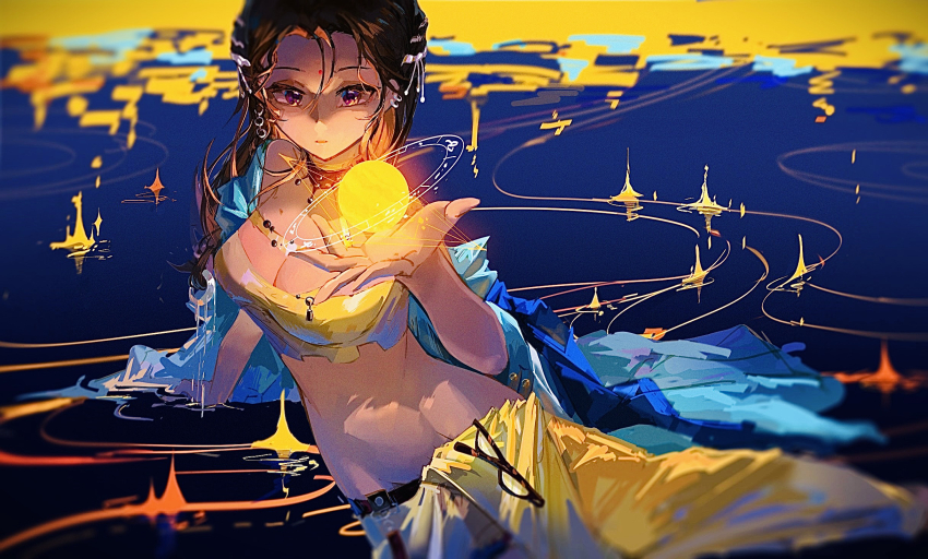 1girl, bandeau, blue_jacket, breasts, brown_hair, cleavage, collar, commentary