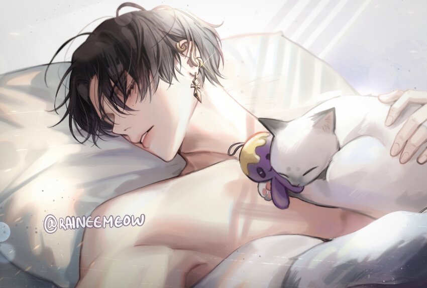 1boy, algorhythm_project, artist_name, bed, black_hair, cat, cat_on_chest, closed_eyes