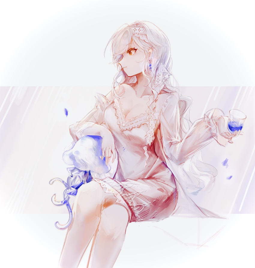 1girl, breasts, camisole, cleavage, closed_mouth, commentary_request, crossed_legs, cup, earrings, eternity_(reverse:1999), feet_out_of_frame, highres, holding, holding_cup, jellyfish, jewelry, large_breasts, lingerie, long_hair, mrruaaa, negligee, orange_eyes, profile, reverse:1999, sitting, smile, solo, underwear, white_background, white_camisole, white_hair, white_headdress