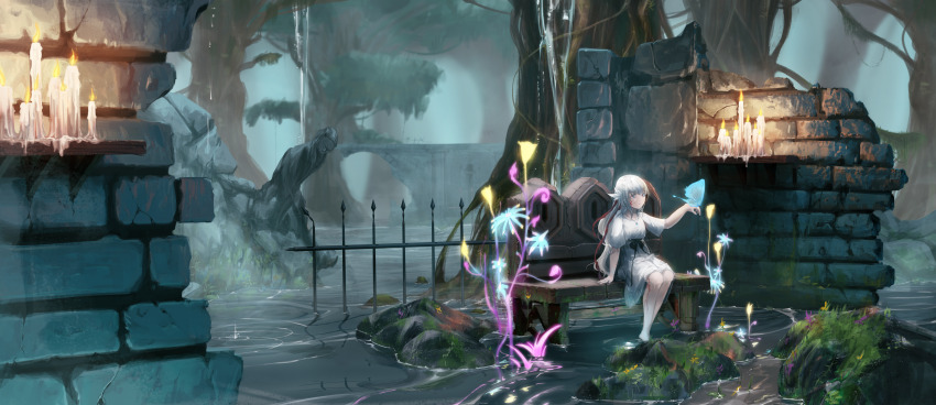 1girl, absurdres, bench, black_ribbon, blue_eyes, bug, butterfly, candle