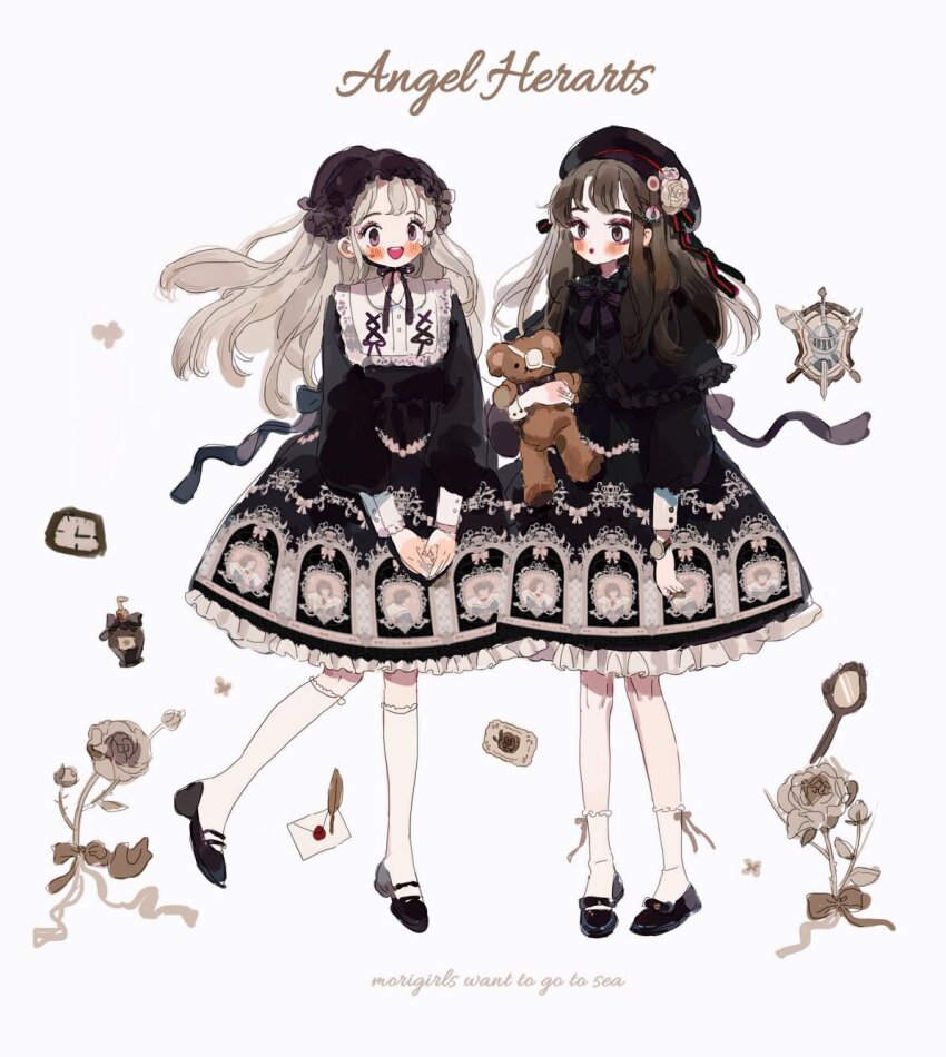2girls, :o, accurate_lolita_coord, angel_print, ankle_socks, black_bow, black_bowtie, black_capelet