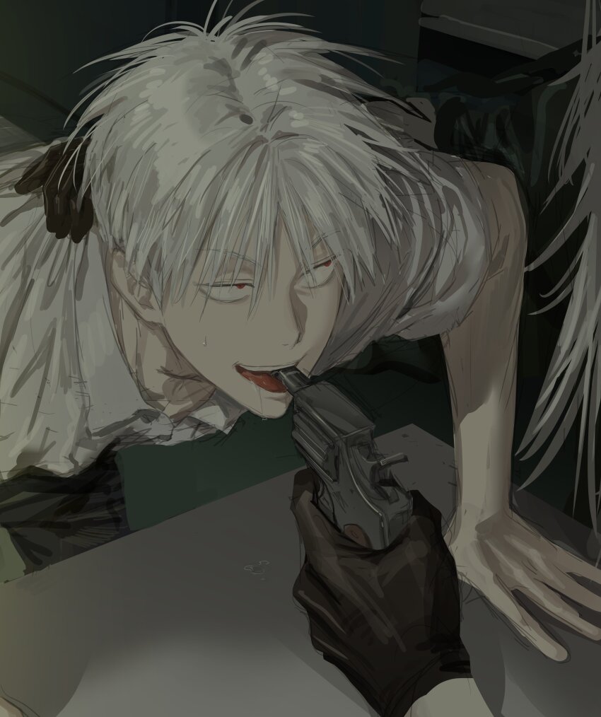 2boys, absurdres, akagi:_yami_ni_oritatta_tensai, akagi_shigeru, black_gloves, black_pants, chamuring, collared_shirt, fukumoto_mahjong, gloves, gun, gun_in_mouth, hair_between_eyes, handgun, highres, ichikawa_(akagi), leaning_forward, long_bangs, long_hair, looking_at_another, looking_to_the_side, male_focus, multiple_boys, open_mouth, out_of_frame, pants, red_eyes, revolver, russian_roulette, shirt, short_hair, short_sleeves, smile, solo_focus, table, teeth, tongue, tongue_out, upper_body, upper_teeth_only, weapon, white_hair, white_shirt