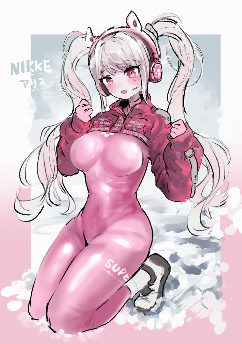 1girl, :d, alice_(nikke), animal_ear_headphones, animal_ears, blush, bodysuit, breasts, character_name, covered_navel, cropped_jacket, fake_animal_ears, gloves, goddess_of_victory:_nikke, grey_hair, headphones, headset, highres, impossible_bodysuit, impossible_clothes, inu_(user_arjr4358), jacket, kneeling, large_breasts, latex, latex_bodysuit, long_hair, long_sleeves, open_mouth, pink_bodysuit, pink_eyes, pink_gloves, puffy_sleeves, red_jacket, shoes, sidelocks, skin_tight, sleeves_past_wrists, smile, sneakers, snow, socks, twintails, white_footwear, white_socks
