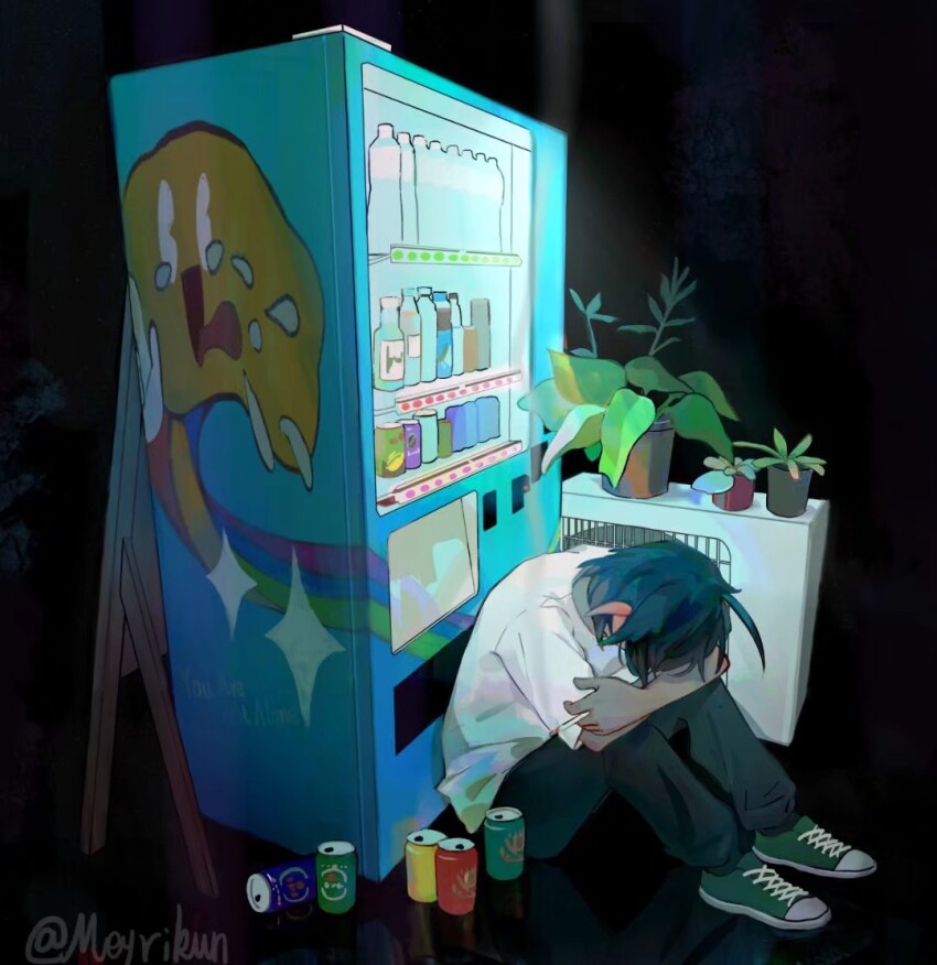 1boy, ahoge, arms_on_knees, black_background, black_pants, blue_hair, bottle, can