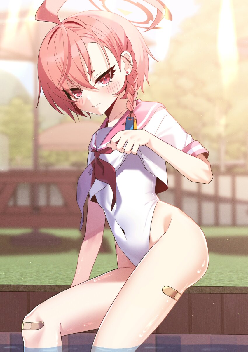 1girl, absurdres, ahoge, bandaid, bandaid_on_knee, bandaid_on_leg, blue_archive, blurry