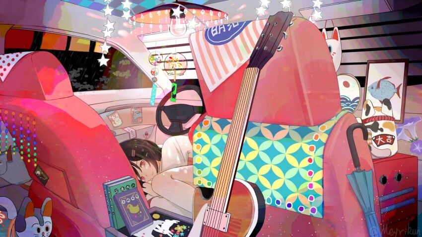 1girl, blue_umbrella, book, brown_hair, car_interior, chinese_commentary, closed_mouth, commentary_request