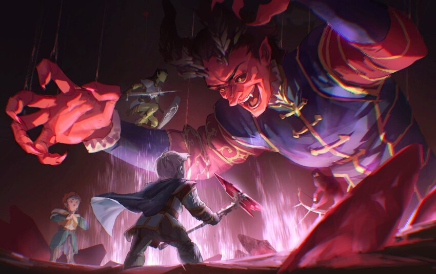 >:), 1boy, 2girls, 2others, ambiguous_gender, baldur's_gate, baldur's_gate_3, battle, black_pants, black_sclera, blue_cape, blue_vest, bow_(weapon), cape, colored_sclera, colored_skin, commentary, demon_boy, demon_horns, dwarf, english_commentary, fangs, fingernails, from_below, giant, gith_(dungeons_&amp;_dragons), glowing, hammer, highres, holding, holding_bow_(weapon), holding_hammer, holding_shield, holding_sword, holding_weapon, hope_(baldur's_gate), horns, lae'zel, legs_apart, male_focus, multiple_girls, multiple_others, on_one_knee, oolonglatte, open_mouth, pants, pink_hair, pointy_ears, raphael_(baldur's_gate), red_skin, sharp_fingernails, shield, short_hair, sitting_on_arm, size_difference, standing, sword, tav_(baldur's_gate), upper_body, v-shaped_eyebrows, vest, weapon, yellow_eyes