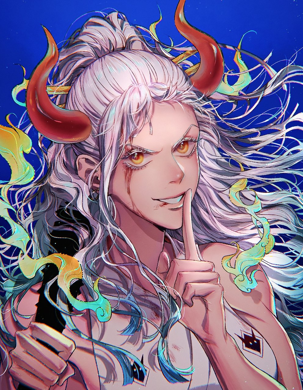 1girl, bare_shoulders, blood, blood_on_face, blue_background, club, club_(weapon), commentary