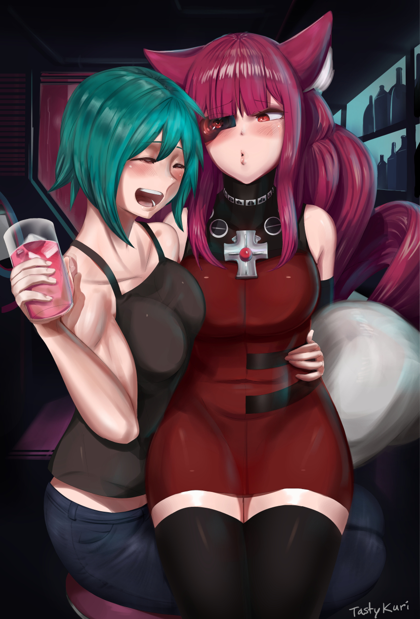 2girls, absurdres, animal_ears, aqua_hair, artificial_eye, artist_name, bar_(place), bare_shoulders