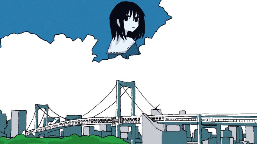 1girl, ashuu_(4syup), black_eyes, black_hair, blue_shirt, blue_sky, bridge, building, cloud, cloudy_sky, commentary_request, day, empty_eyes, expressionless, foliage, from_behind, giant, giantess, highres, jitome, keihou_no_atta_hi_(neutrino), long_hair, looking_at_viewer, looking_back, outdoors, sailor_collar, shirt, sky, skyline, solo, white_sailor_collar, wide_shot