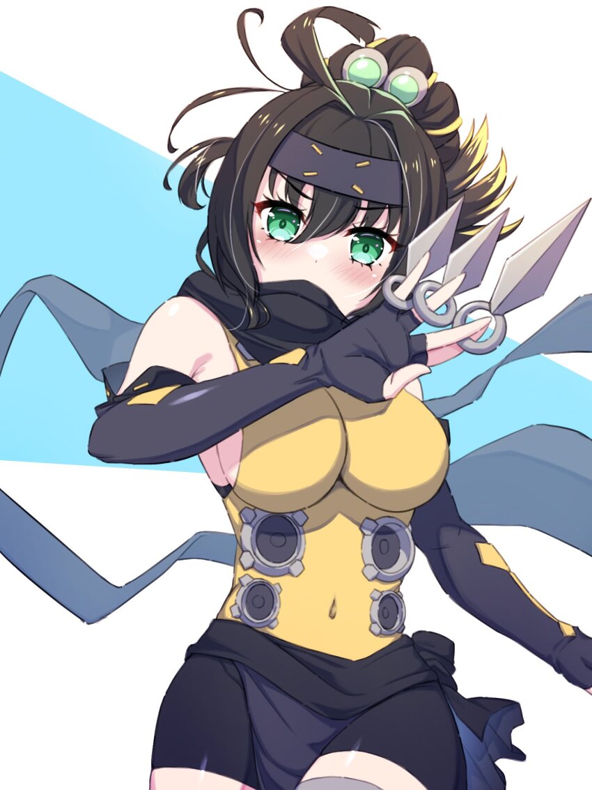 1girl, ahoge, bare_shoulders, black_hair, blonde_hair, breasts, duel_monster, elbow_gloves