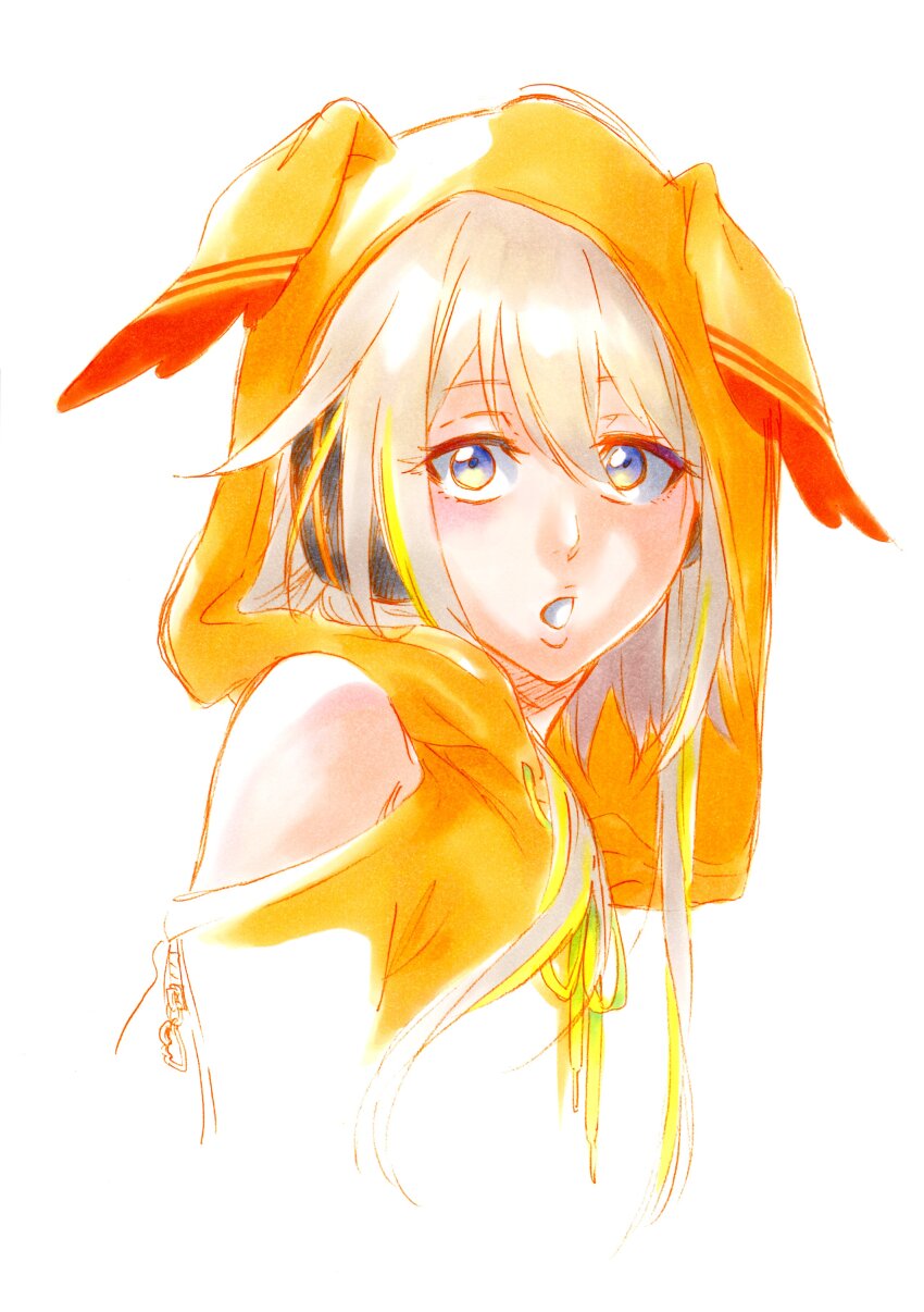 1girl, :o, absurdres, animal_ear_hood, animal_ears, animal_hood, bare_shoulders, blonde_hair