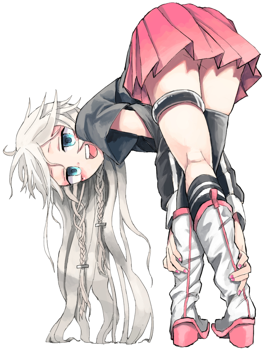 1girl, aqua_eyes, ass, ass_focus, ass_peek, asymmetrical_legwear, bent_over, boots