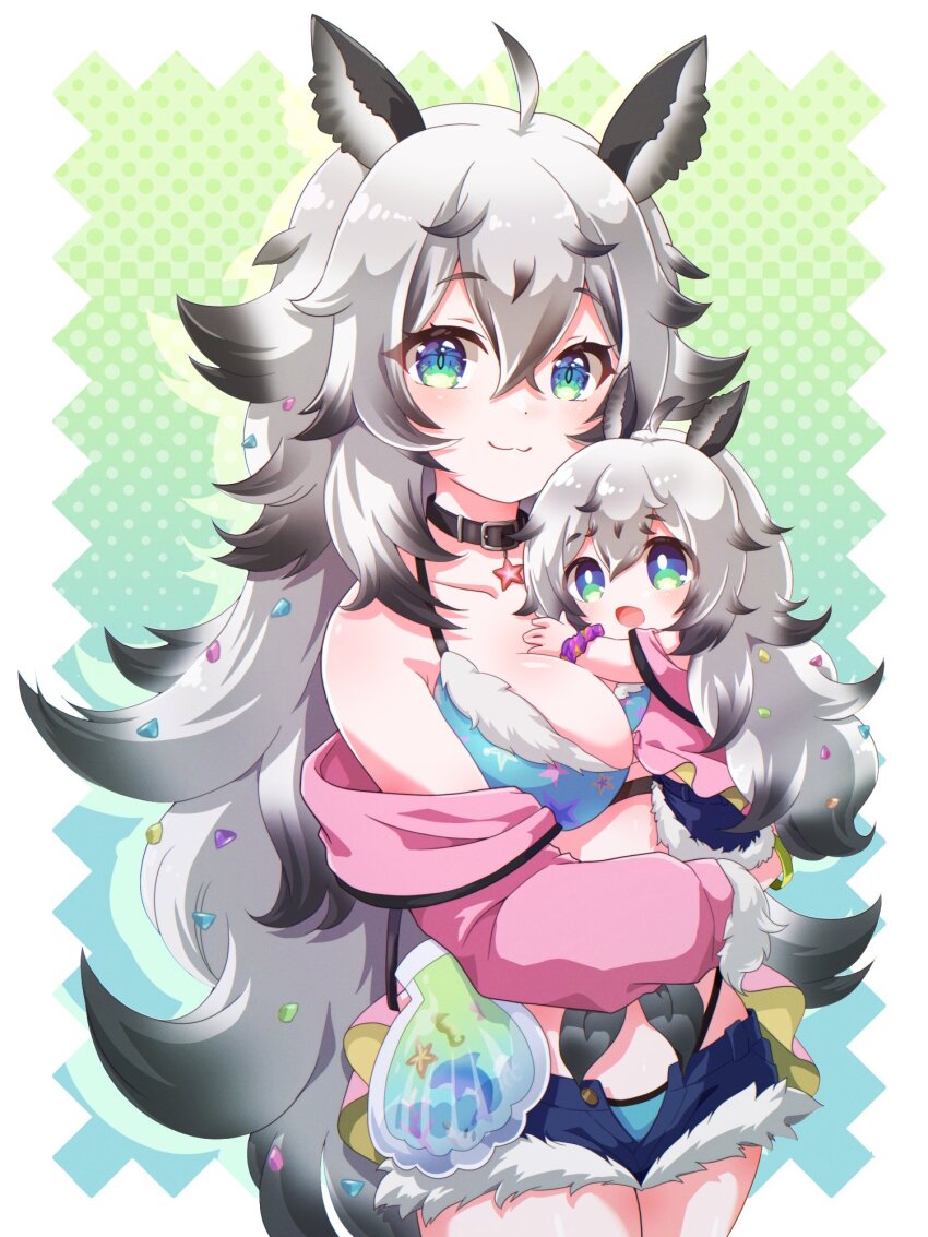 2girls, ahoge, animal_ears, belt, belt_collar, bikini, black_belt, black_hair