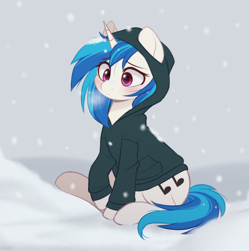 1girl, animal, black_hoodie, blue_hair, clothed_animal, higgly, highres, hood, hoodie, horns, long_hair, my_little_pony, my_little_pony:_friendship_is_magic, no_humans, outdoors, purple_eyes, single_horn, sitting, snow, snowing, solo, unicorn, vinyl_scratch, white_fur