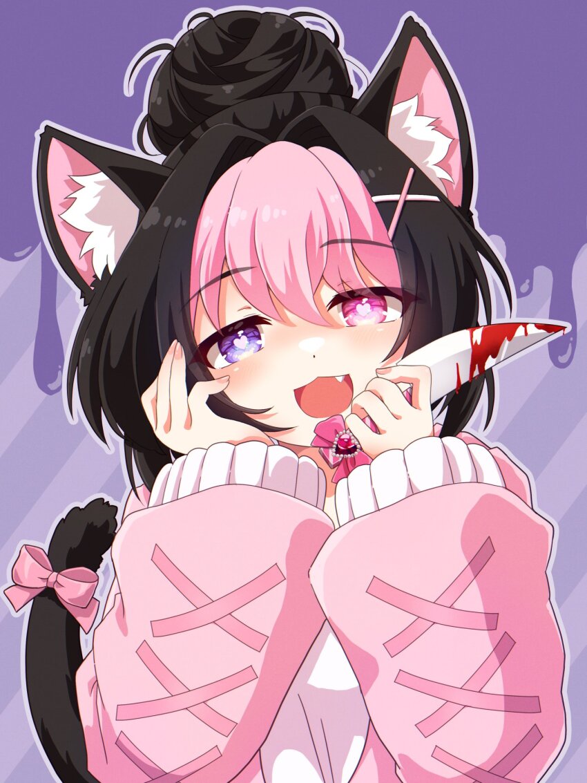 1girl, animal_ear_fluff, animal_ears, black_hair, blood, bloody_knife, bow, cat_ears