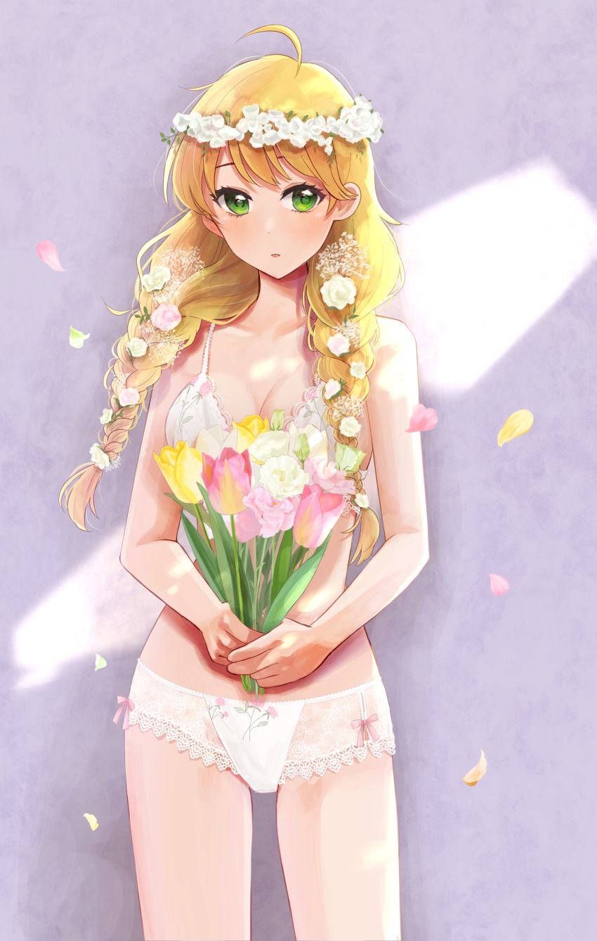 19_okeke, 1girl, absurdres, ahoge, blonde_hair, blush, bouquet, braid, breasts, cleavage, cowboy_shot, falling_petals, flower, green_eyes, hair_flower, hair_ornament, head_wreath, highres, holding, holding_bouquet, hoshii_miki, idolmaster, idolmaster_(classic), lingerie, lipstick, long_hair, low_twin_braids, makeup, medium_breasts, parted_lips, petals, solo, tulip, twin_braids, underwear