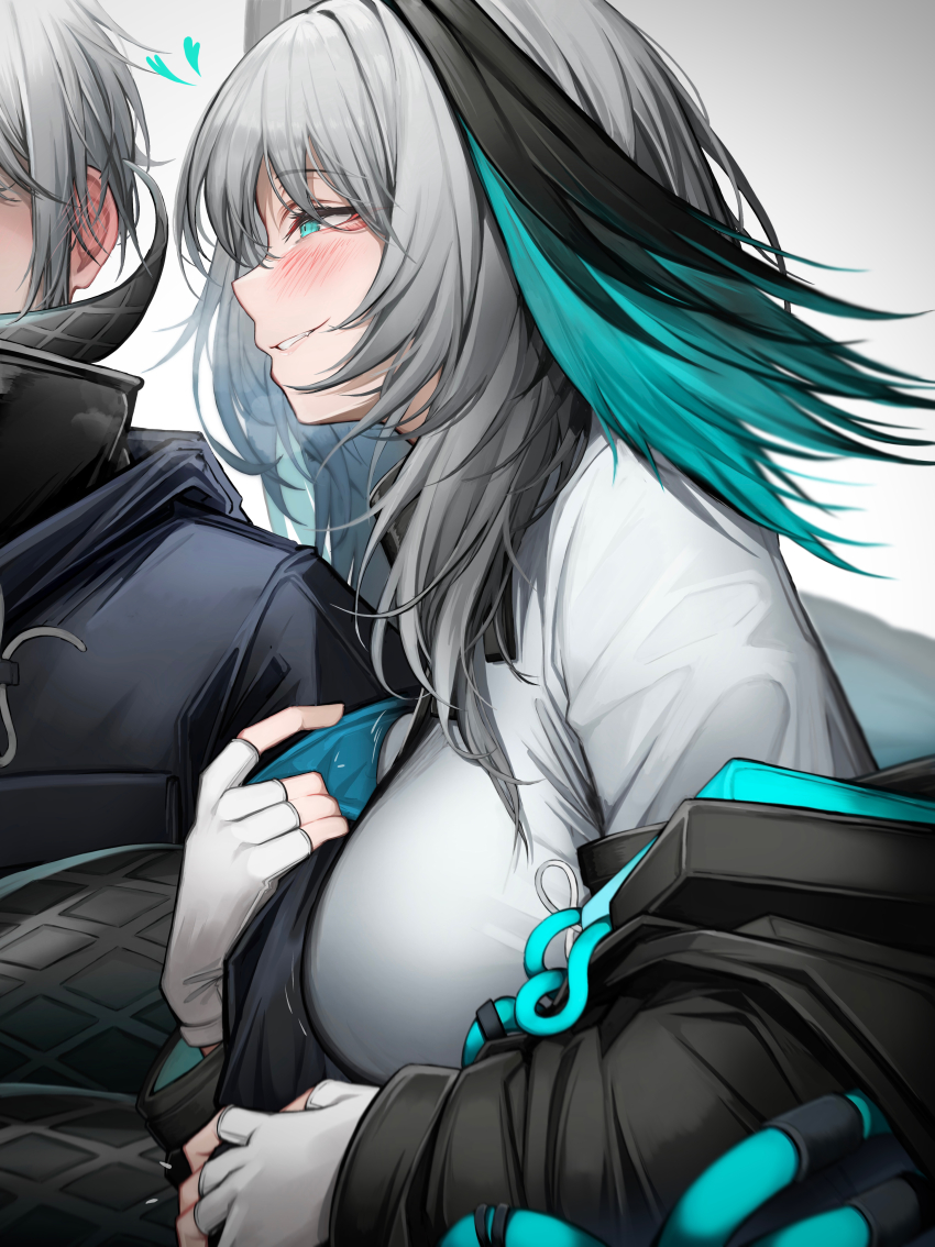 1girl, 1other, absurdres, arknights, arm_hug, blue_eyes, blush, breasts