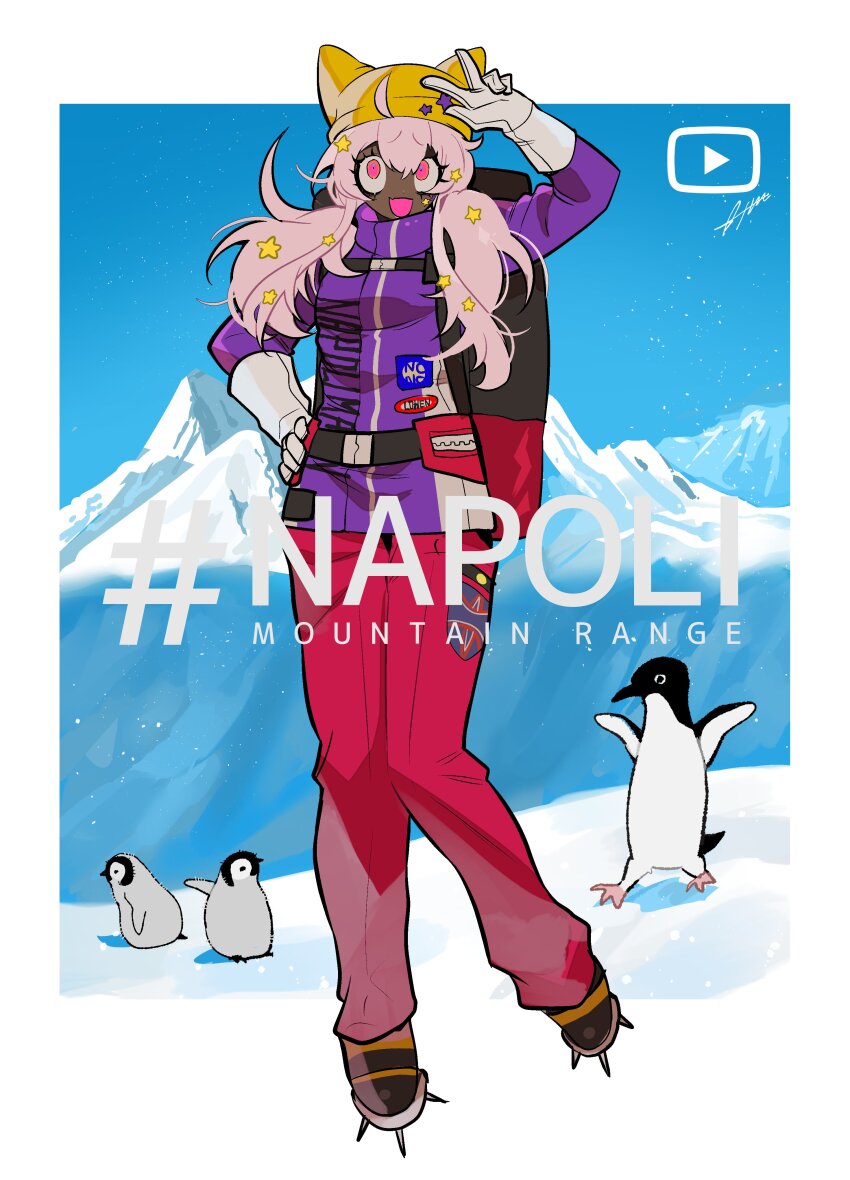 1girl, absurdres, ahoge, animal_ear_headwear, animal_ears, arm_up, backpack, bag, beanie, bird, blue_sky, boots, border, btmr_game, buckle, chest_strap, cleats, commentary_request, constricted_pupils, copyright_name, dark-skinned_female, dark_skin, day, ebetan_(napoli_no_otokotachi), elbow_gloves, english_text, fake_animal_ears, fang, full_body, furrowed_brow, gloves, gyaru, hair_ornament, hand_on_own_hip, hat, highres, jacket, knees_together_feet_apart, kyouki_sanmyaku_~jashin_no_itadaki~, looking_at_viewer, low_twintails, mountain, napoli_no_otokotachi, outside_border, pants, penguin, pink_eyes, pink_hair, purple_jacket, raised_eyebrows, red_pants, signature, skin_fang, sky, smile, snow, solo, star_(symbol), star_hair_ornament, twintails, w, white_border, white_gloves, yellow_hat, youtube_logo