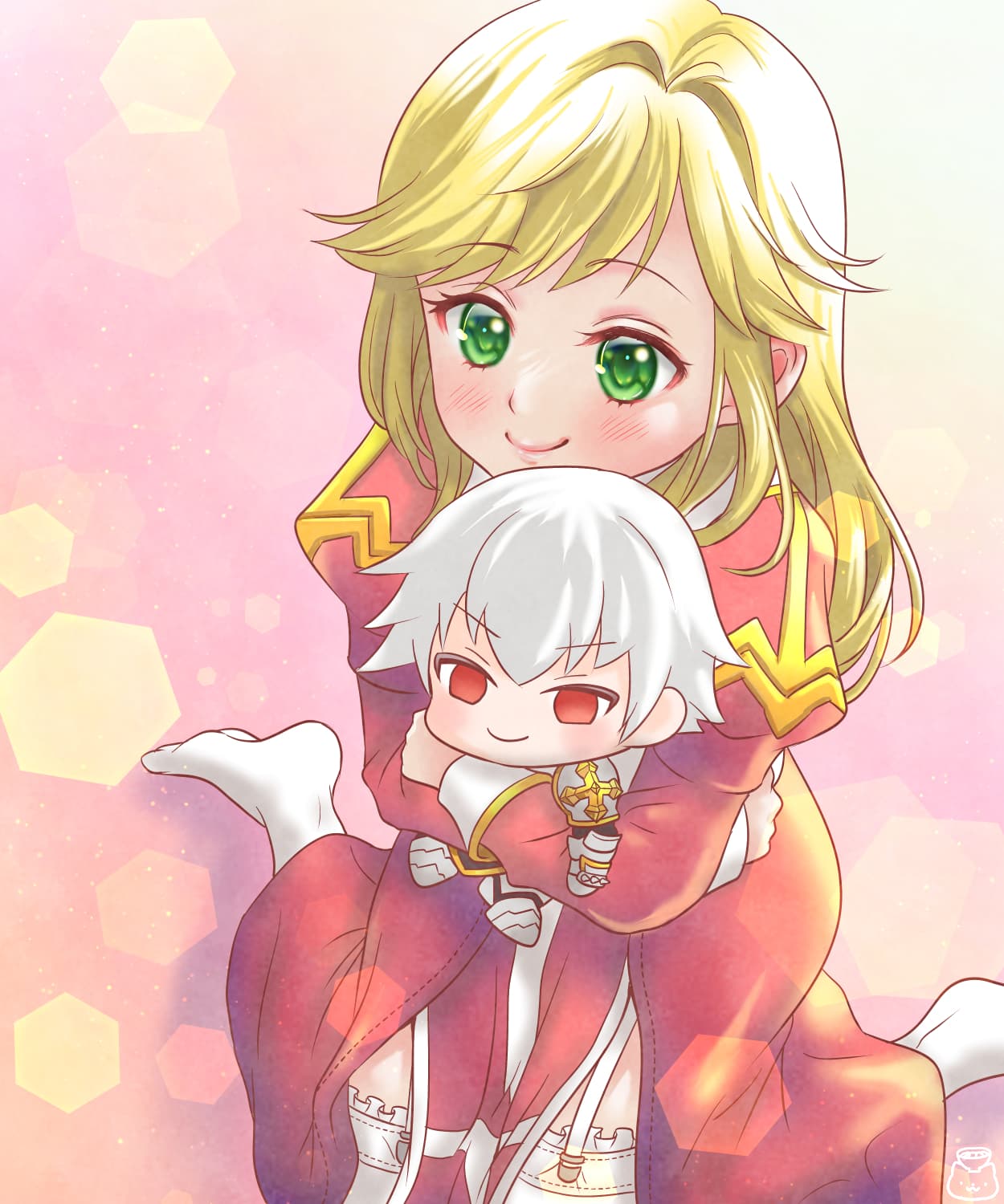 1girl, blonde_hair, blurry, blush, bokeh, character_doll, closed_mouth, commentary_request, cross, depth_of_field, doll, dress, frilled_thighhighs, frills, full_body, garter_straps, green_eyes, high_priest_(ragnarok_online), highres, holding, holding_doll, hugging_doll, hugging_object, long_hair, lord_knight_(ragnarok_online), margaretha_sorin, no_shoes, nyamen2828, pink_background, ragnarok_online, red_dress, seyren_windsor, sitting, smile, solo, swept_bangs, thighhighs, two-tone_dress, wariza, white_thighhighs