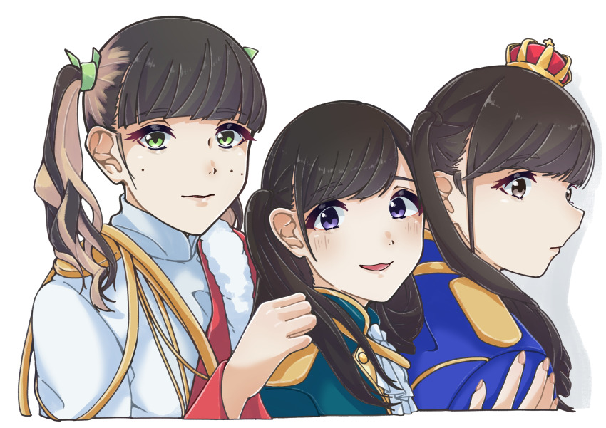 3girls, absurdres, aijo_karen_(cosplay), aijo_karen, aqua_jacket, ascot, black_hair, blonde_hair