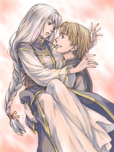 1boy, 1girl, bad_id, bad_pixiv_id, blonde_hair, blue_eyes, braid, couple, dress, hetero, long_hair, low-braided_long_hair, low-tied_long_hair, lucian_(valkyrie_profile), platina_(valkyrie_profile), ribbon, silver_hair, smile, takamizawa_maya, takamizawa_mayu, valkyrie_profile_(series), valkyrie_profile_1