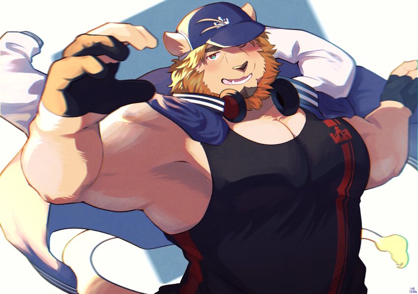 1boy, animal_ears, bara, baseball_cap, commentary_request, facial_hair, fang, furry, furry_male, gloves, goatee, hat, headphones, headphones_around_neck, highres, indie_virtual_youtuber, jacket, jacket_on_shoulders, kinji_ninomiya, lion_boy, lion_ears, lion_mane, lion_tail, looking_at_viewer, male_focus, open_mouth, partially_fingerless_gloves, sawch_cls, shirt, sleeveless, sleeveless_shirt, tail, white_background