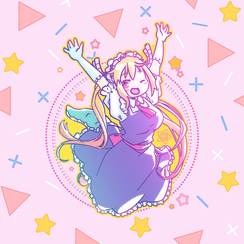 1girl, blonde_hair, blue_dress, dragon_horns, dragon_tail, dress, elbow_gloves, gloves