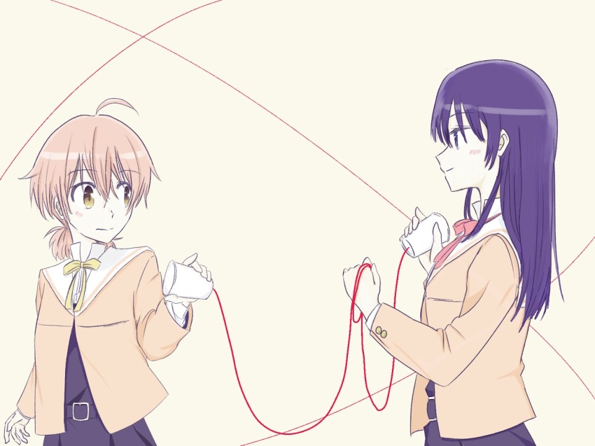 2girls, ahoge, black_dress, blue_hair, brown_jacket, cropped_jacket, cup, dress