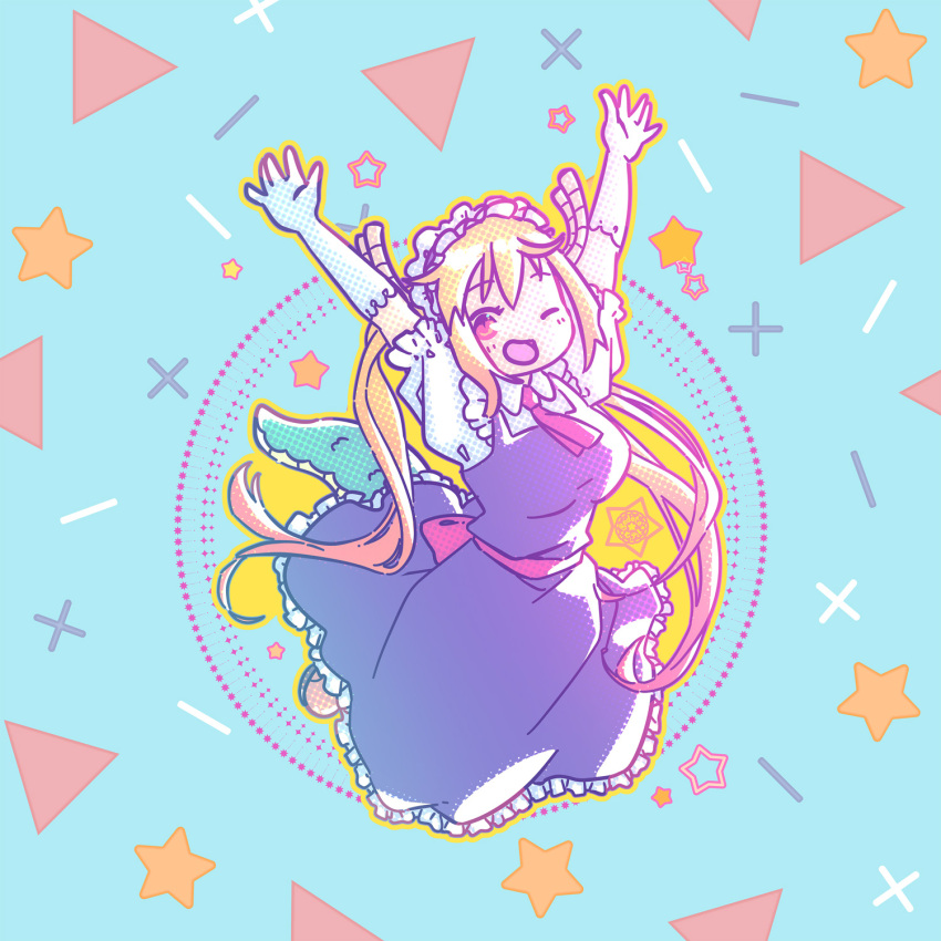 1girl, blonde_hair, blue_background, blue_dress, dragon_horns, dragon_tail, dress, elbow_gloves