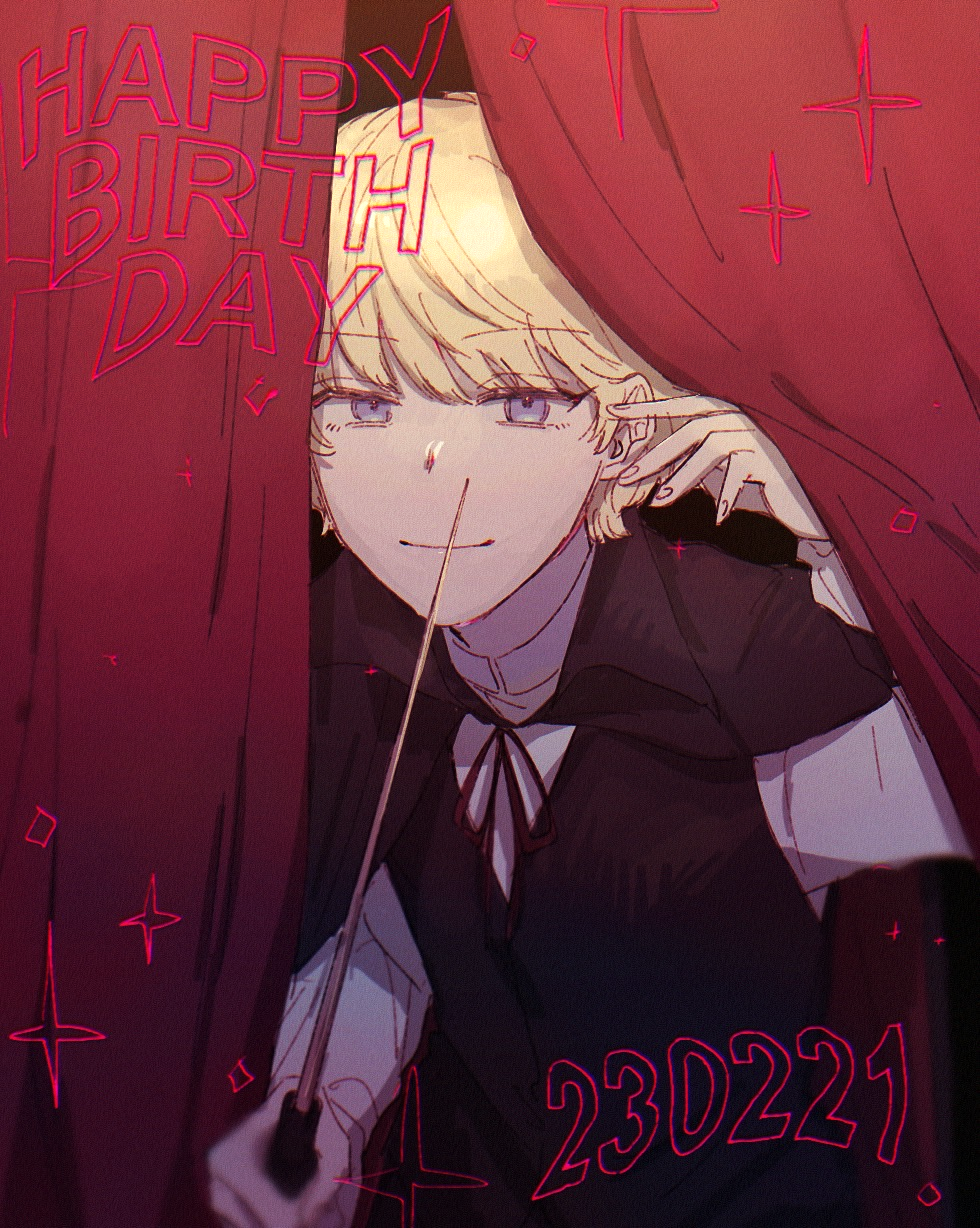 1boy, black_cape, blonde_hair, blue_eyes, cape, curtains, dated, hand_up
