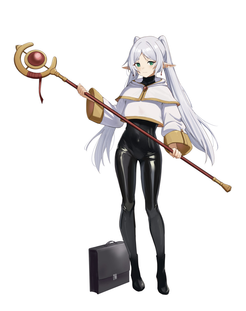 1girl, absurdres, black_bodysuit, black_shoes, bodysuit, bodysuit_under_clothes, boyin, capelet