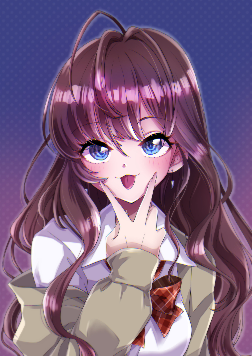 1girl, absurdres, blue_eyes, blush, bow, bowtie, breasts, brown_cardigan