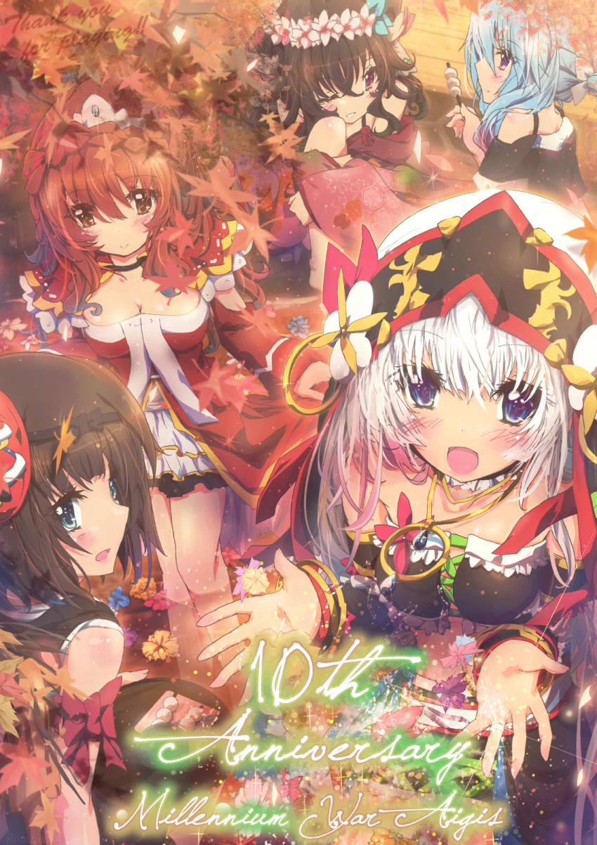 5girls, :d, ;d, anniversary, autumn, autumn_leaves, black_hairband, blue_eyes