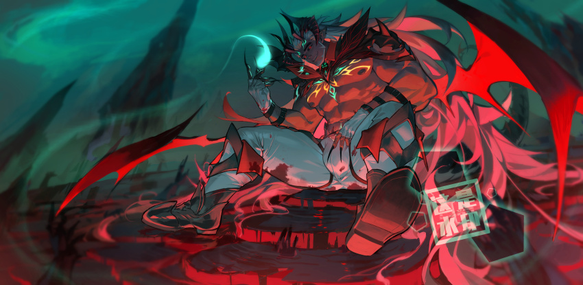 1boy, abs, absurdres, baimeme, bara, bare_pectorals, blood, blood_on_clothes