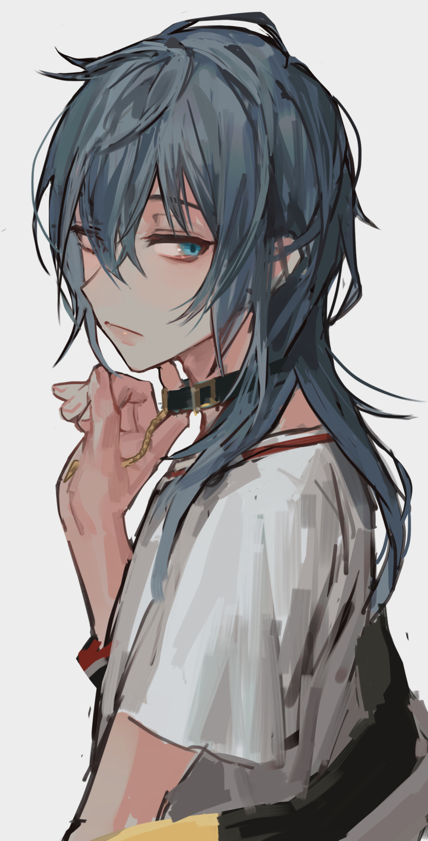 1boy, absurdres, agenasumiso51, black_choker, black_jacket, blue_eyes, choker, closed_mouth