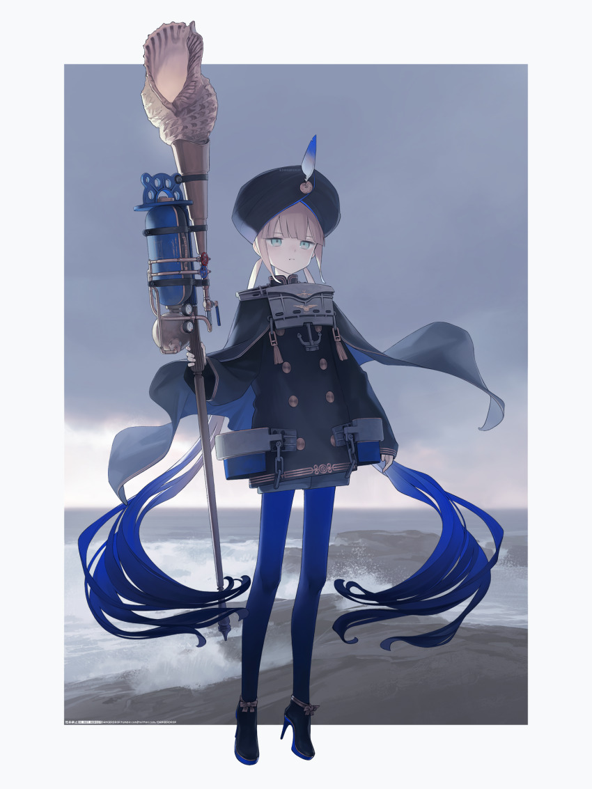 1boy, astg, black_headwear, black_jacket, black_shoes, blue_hair, blue_pantyhose, blue_sky