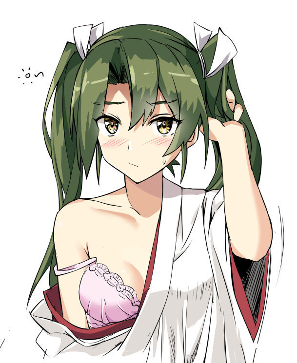 1girl, bra, breasts, commentary_request, green_eyes, green_hair, hair_ribbon, japanese_clothes