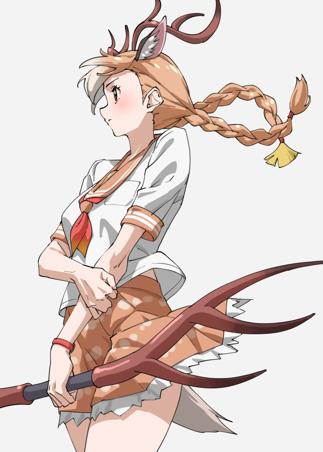 1girl, animal_ear_fluff, animal_ears, antlers, bare_arms, braid, brown_eyes, brown_hair
