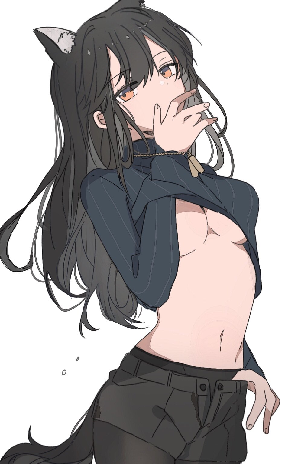 1girl, alternate_costume, animal_ear_fluff, animal_ears, arknights, black_hair, black_outline, black_pantyhose