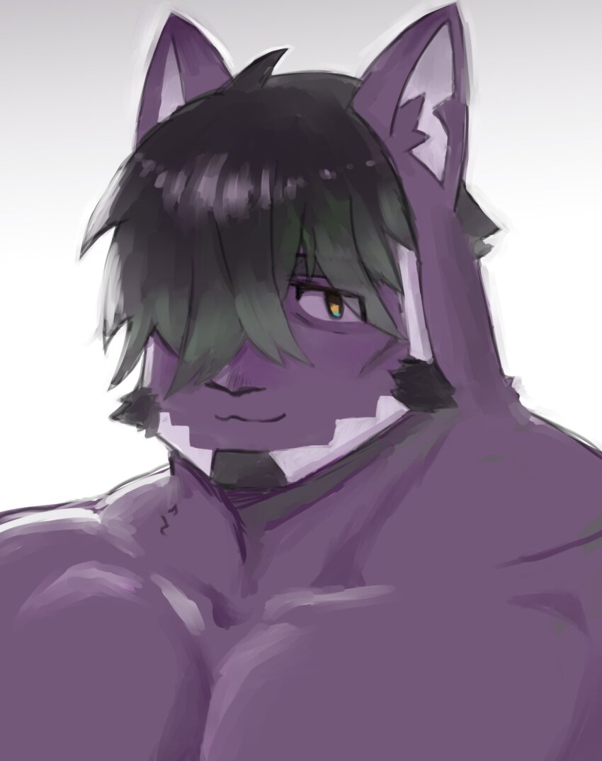 1boy, animal_ears, bags_under_eyes, bara, beard, black_hair, cat_boy, cat_ears, exhausted, facial_hair, furry, furry_male, goatee, hair_over_one_eye, highres, kuromaih, large_pectorals, live_a_hero, looking_at_viewer, male_focus, muscular, muscular_male, nude, official_alternate_hairstyle, pectorals, purple_fur, short_hair, solo, thick_eyebrows, tsuneaki_(live_a_hero), two-tone_beard, upper_body