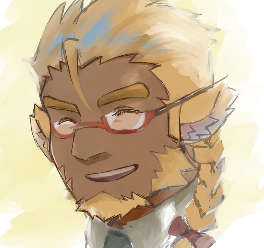 1boy, ^_^, animal_ears, bara, beard, blonde_facial_hair, blonde_hair, blush