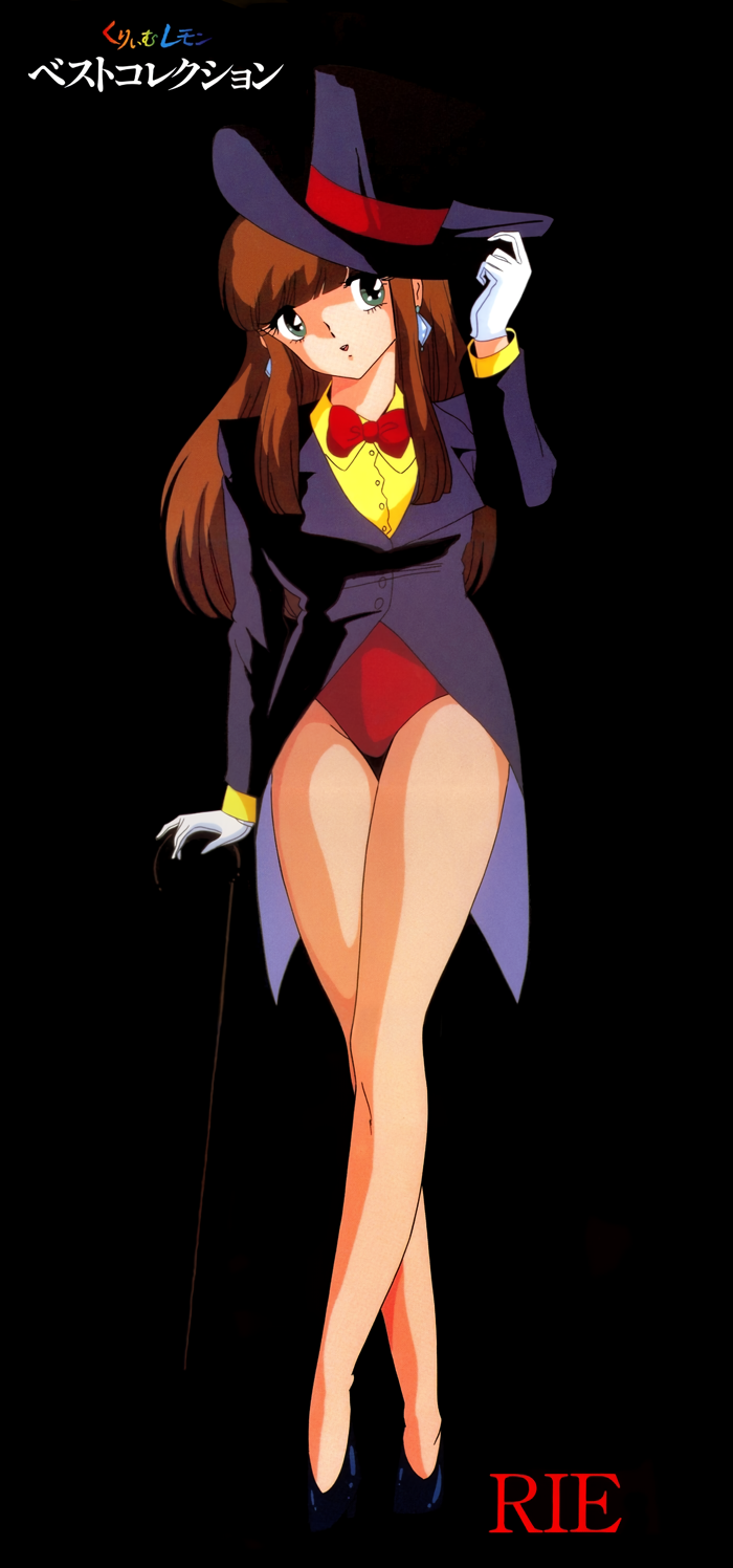 1980s_(style), 1girl, adjusting_clothes, adjusting_headwear, black_background, bow, bowtie, brown_hair