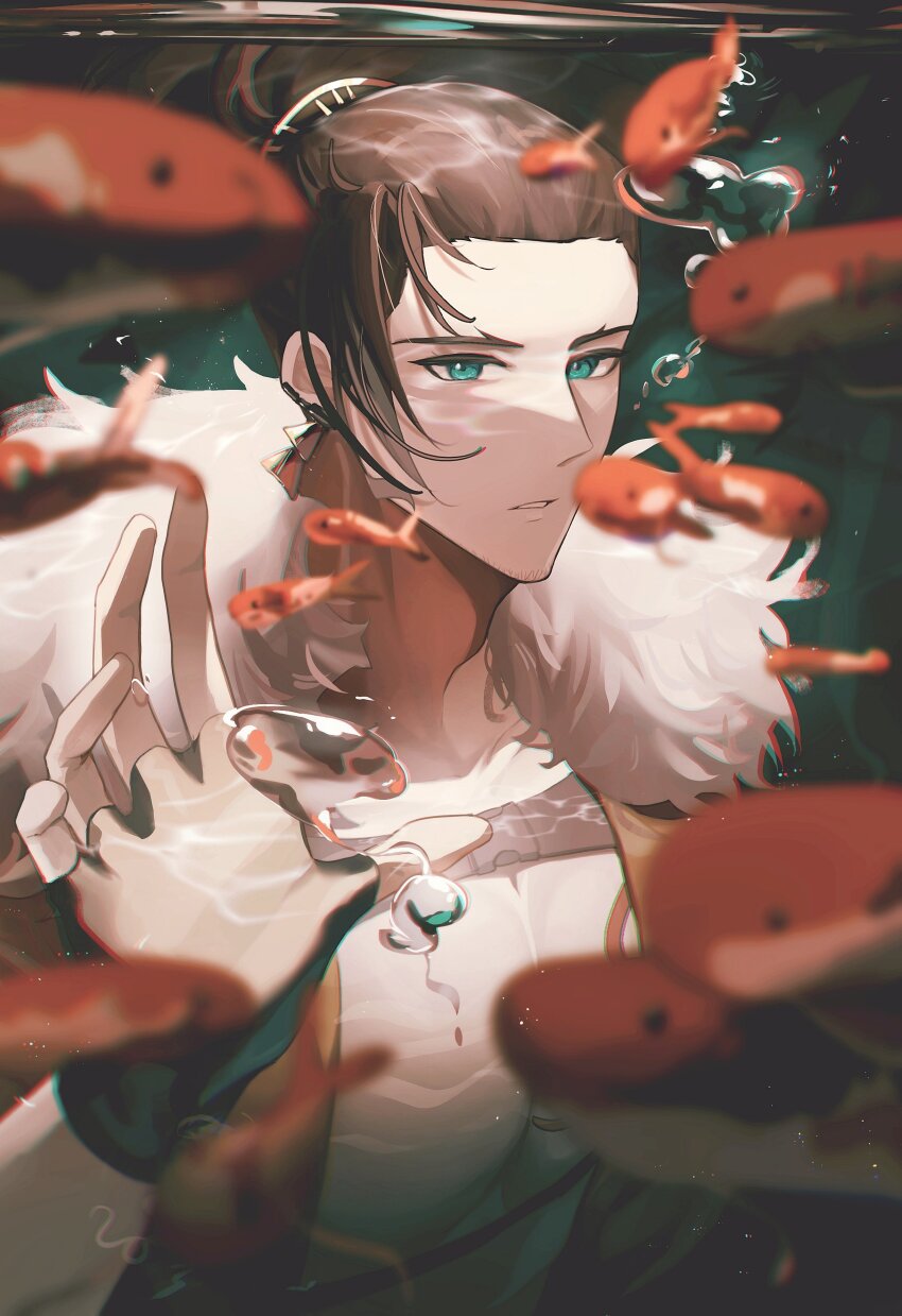 1boy, absurdres, air_bubble, black_gloves, black_hair, blue_eyes, bubble, chest_harness