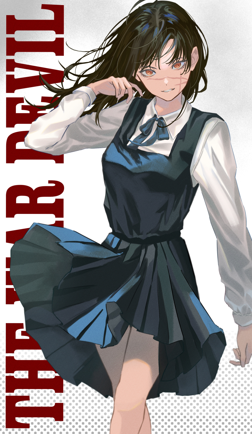 1girl, absurdres, arm_at_side, black_dress, black_hair, blue_dress, bow, bowtie, chainsaw_man, collared_shirt, cowboy_shot, crossed_legs, daidai_neroli, dress, english_text, floating_hair, fourth_east_high_school_uniform, grey_dress, hair_flip, hand_up, highres, long_hair, long_sleeves, looking_at_viewer, parted_lips, pinafore_dress, pleated_dress, ringed_eyes, scar, scar_on_face, school_uniform, shirt, sleeveless, sleeveless_dress, smile, smirk, solo, standing, walking, white_background, white_shirt, wind, yellow_eyes, yoru_(chainsaw_man)
