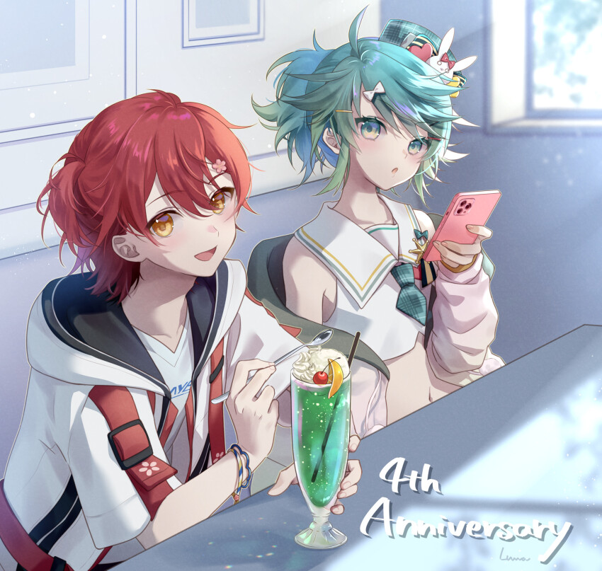 2boys, ahoge, anniversary, aqua_eyes, aqua_hair, cellphone, chestnut_mouth, crop_top, crossdressing, crossdressing_(mtf), detached_sleeves, flower, hair_between_eyes, hair_flower, hair_ornament, hairpin, hanasaki_miyabi, happy, hat, hat_ribbon, highres, holding, holding_phone, holding_spoon, holostars, hood, hoodie, kagami_kira, light_particles, looking_at_viewer, luma8b, male_focus, melon_soda, mini_hat, multiple_boys, multiple_hairpins, navel, one_side_up, open_mouth, phone, red_hair, ribbon, sailor_collar, short_hair, sitting, smartphone, smile, spoon, trap, virtual_youtuber, white_hoodie, white_sailor_collar, window, yellow_eyes
