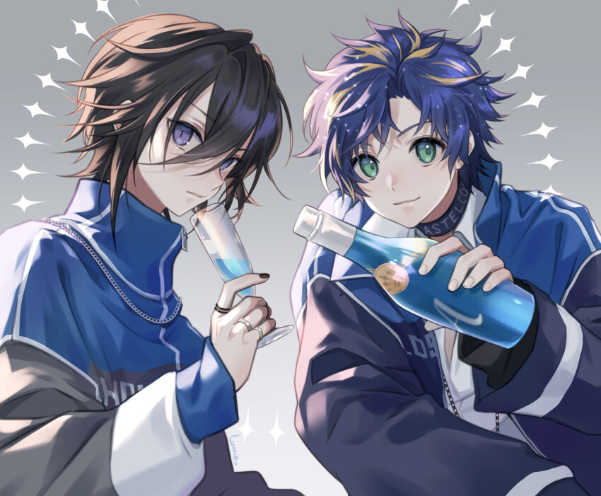 2boys, alternate_costume, astel_leda, black_hair, black_nails, blonde_hair, blue_hair, bottle