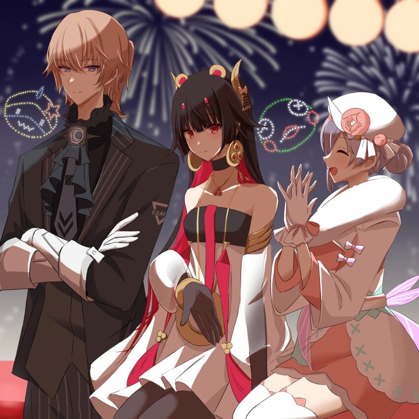 1boy, 2girls, artist_request, ascot, bare_shoulders, black_ascot, black_gloves, black_hair