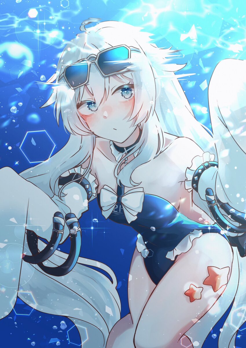 1girl, ahoge, backless_swimsuit, bare_legs, bare_shoulders, black_one-piece_swimsuit, blush, choker